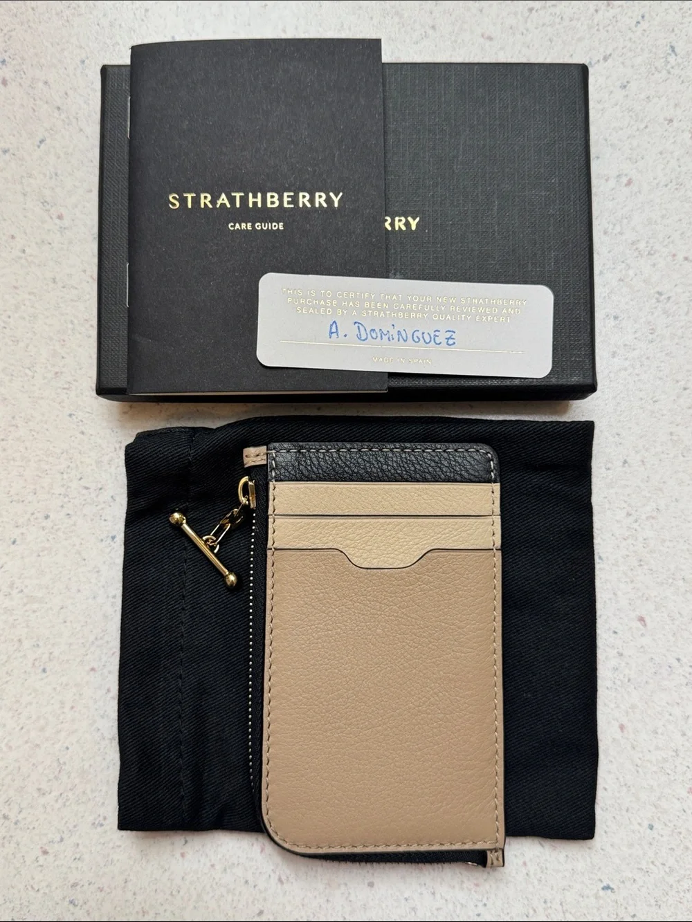 Strathberry Tri Oat/Black/Mushroom Leather Card Holder with Zipper